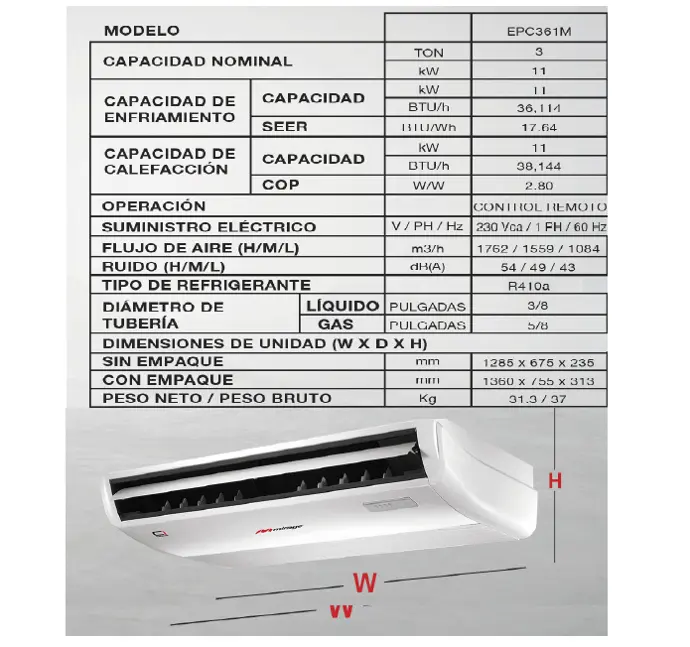 Piso techo inverter Mirage Frio y Calor Evaporadora
