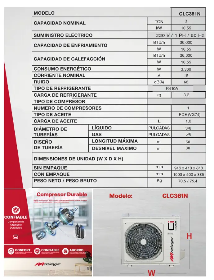 Piso techo Inverter Frio Calor Mirage condensadora